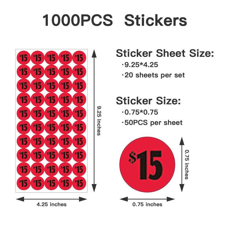 DUGUTUL 1000 pcs $15 Color-Coded Price Stickers for Garage Sale and Flea Market, 3/4"" Diameter - Bold Fonts, Clear Visibility, High Visibility, Easy Organization - Image 2